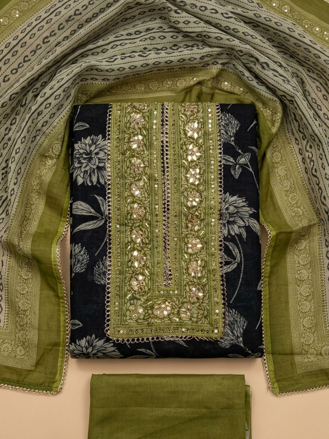 Black-Green Embroidery Chanderi Unstitched Dress Material
