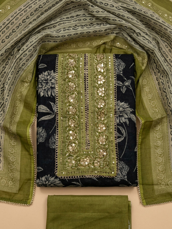 Black-Green Embroidery Chanderi Unstitched Dress Material
