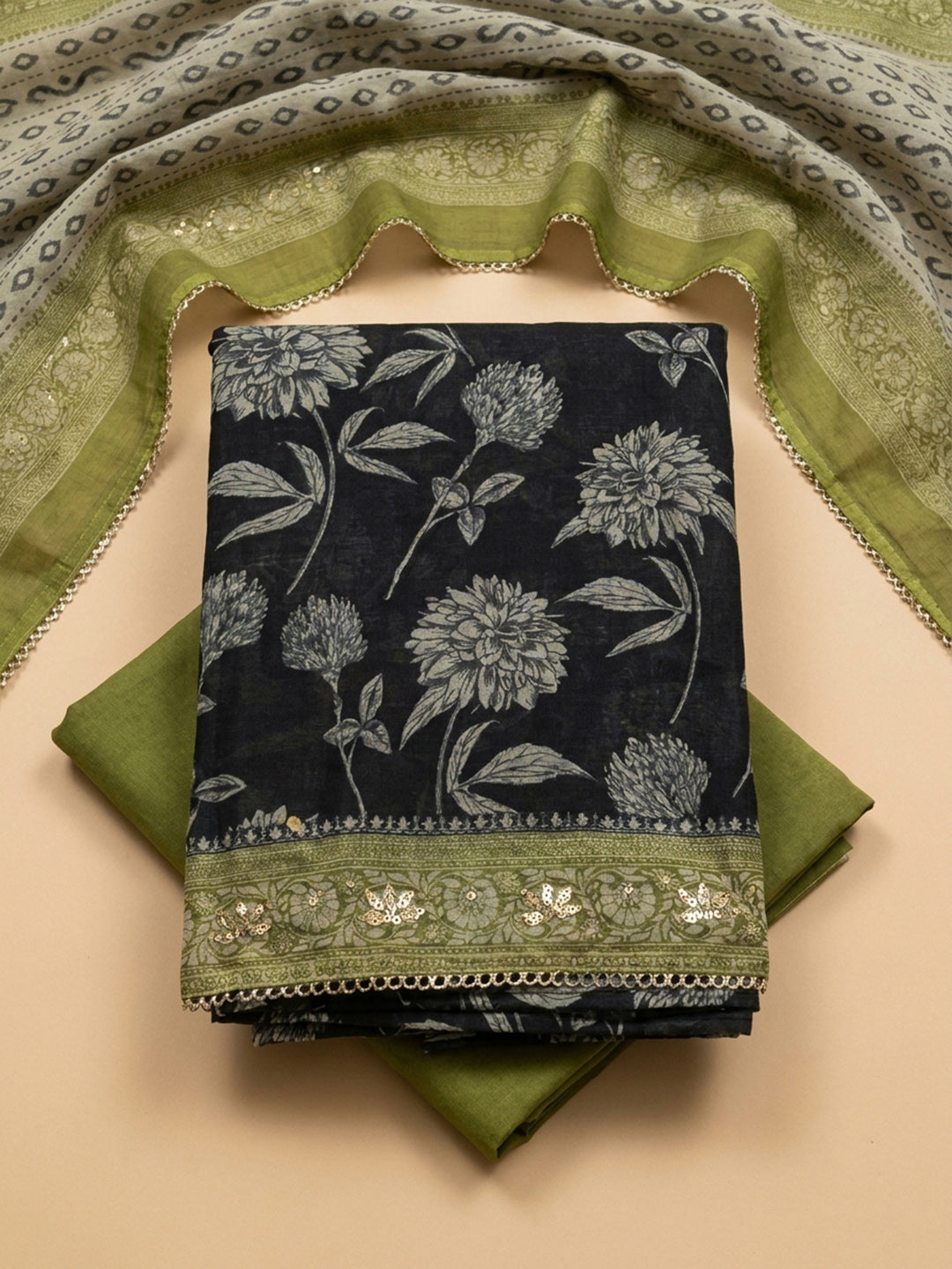 Black-Green Embroidery Chanderi Unstitched Dress Material