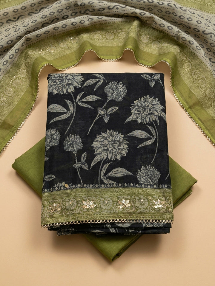 Black-Green Embroidery Chanderi Unstitched Dress Material