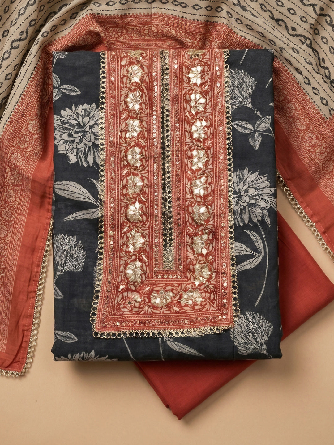 Black-Red Embroidery Chanderi Unstitched Dress Material