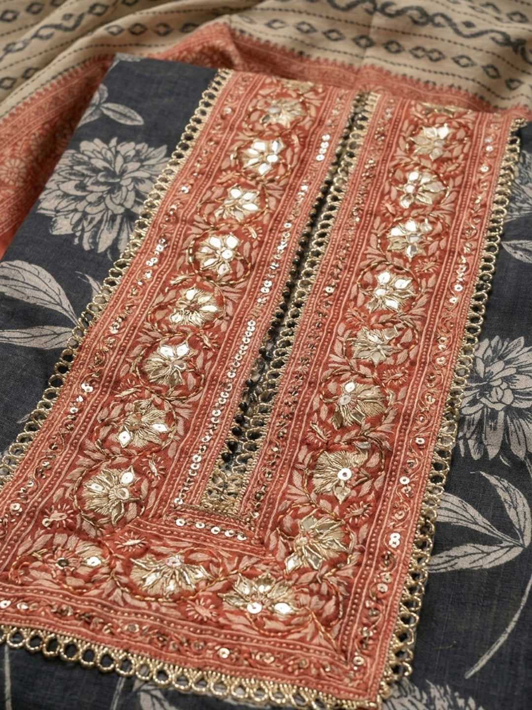 Black-Red Embroidery Chanderi Unstitched Dress Material