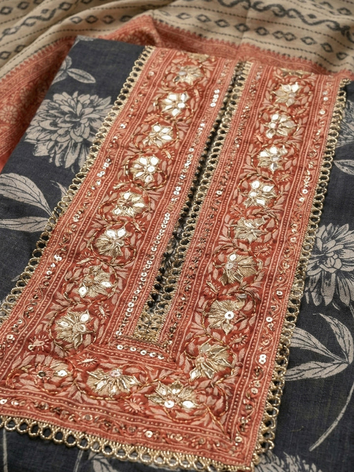 Black-Red Embroidery Chanderi Unstitched Dress Material