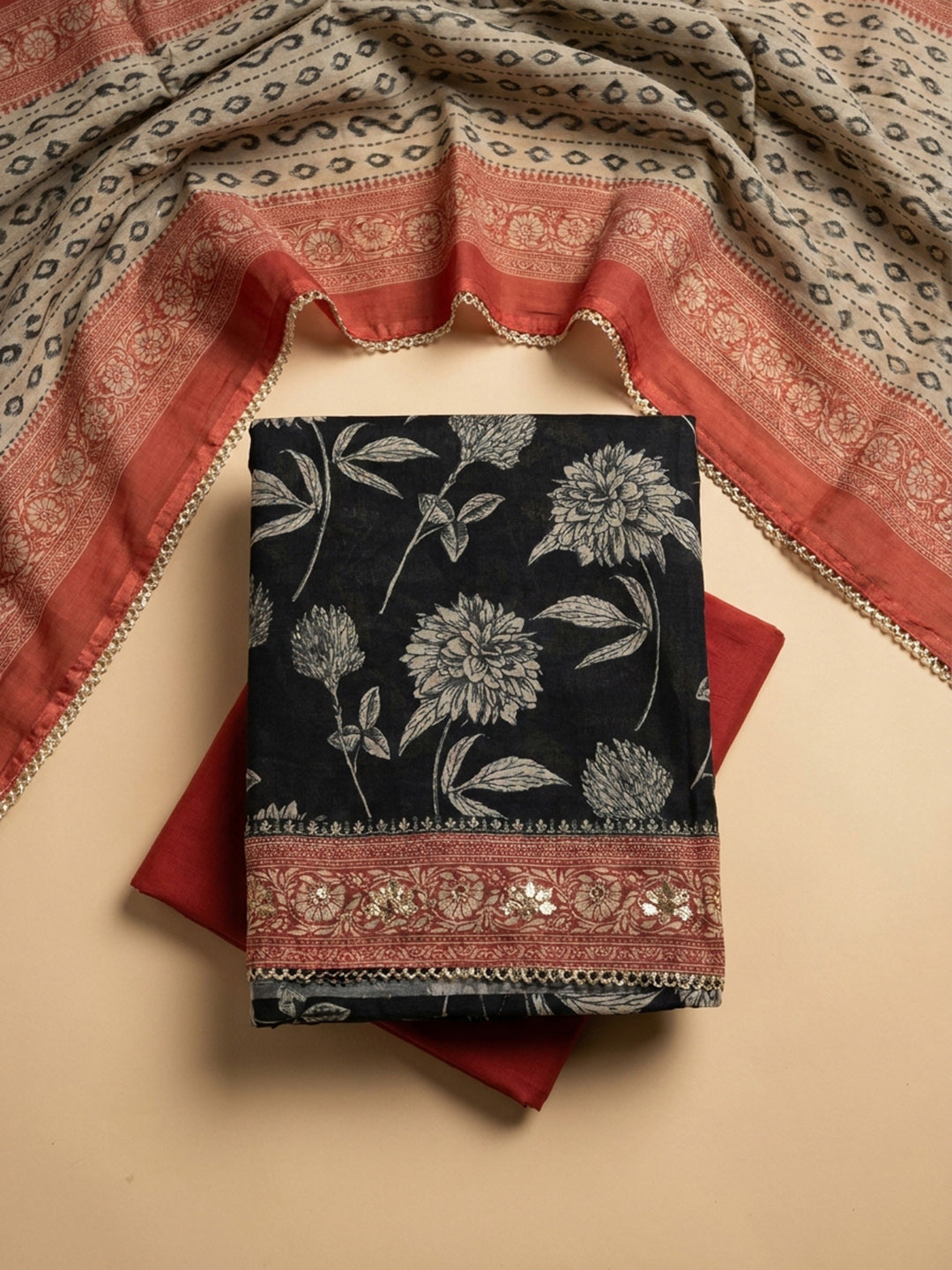 Black-Red Embroidery Chanderi Unstitched Dress Material