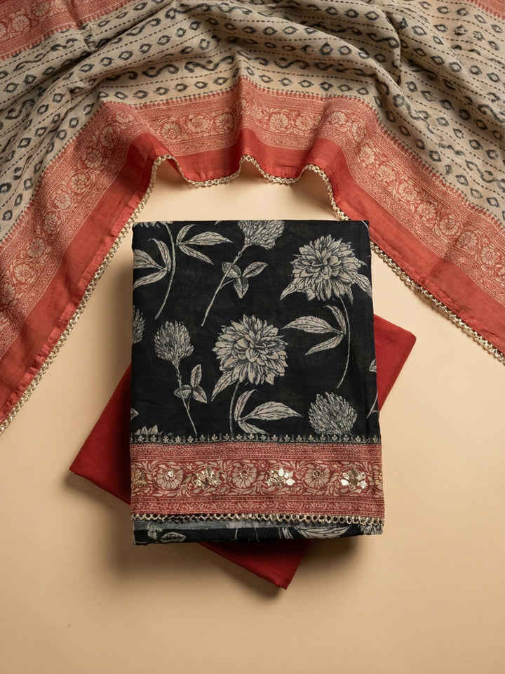 Black-Red Embroidery Chanderi Unstitched Dress Material