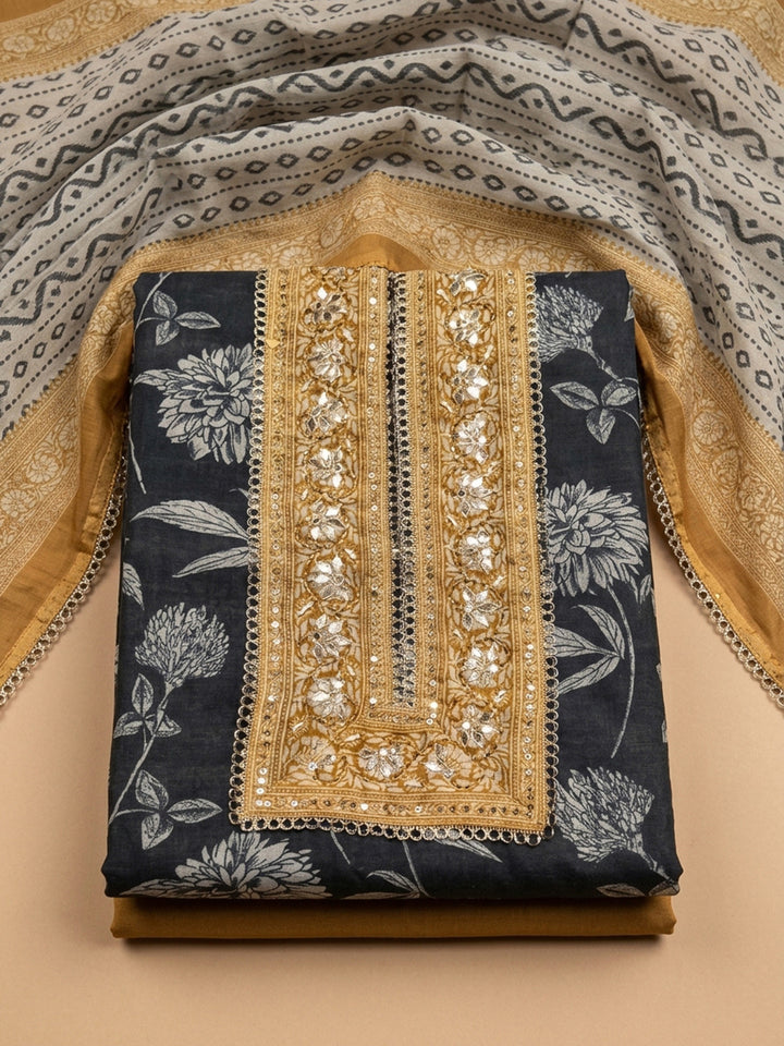 Black-Rust Embroidery Chanderi Unstitched Dress Material