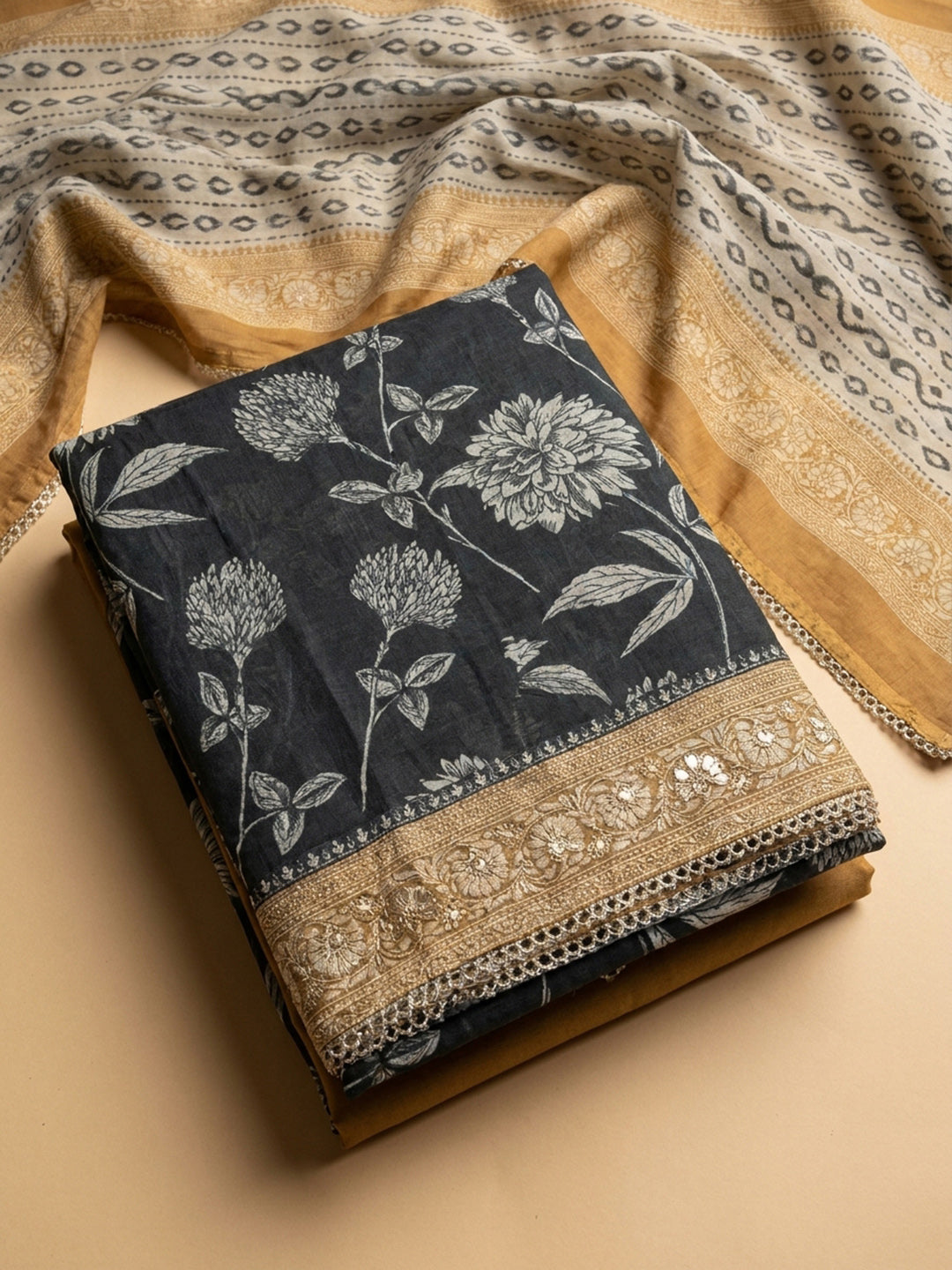 Black-Rust Embroidery Chanderi Unstitched Dress Material