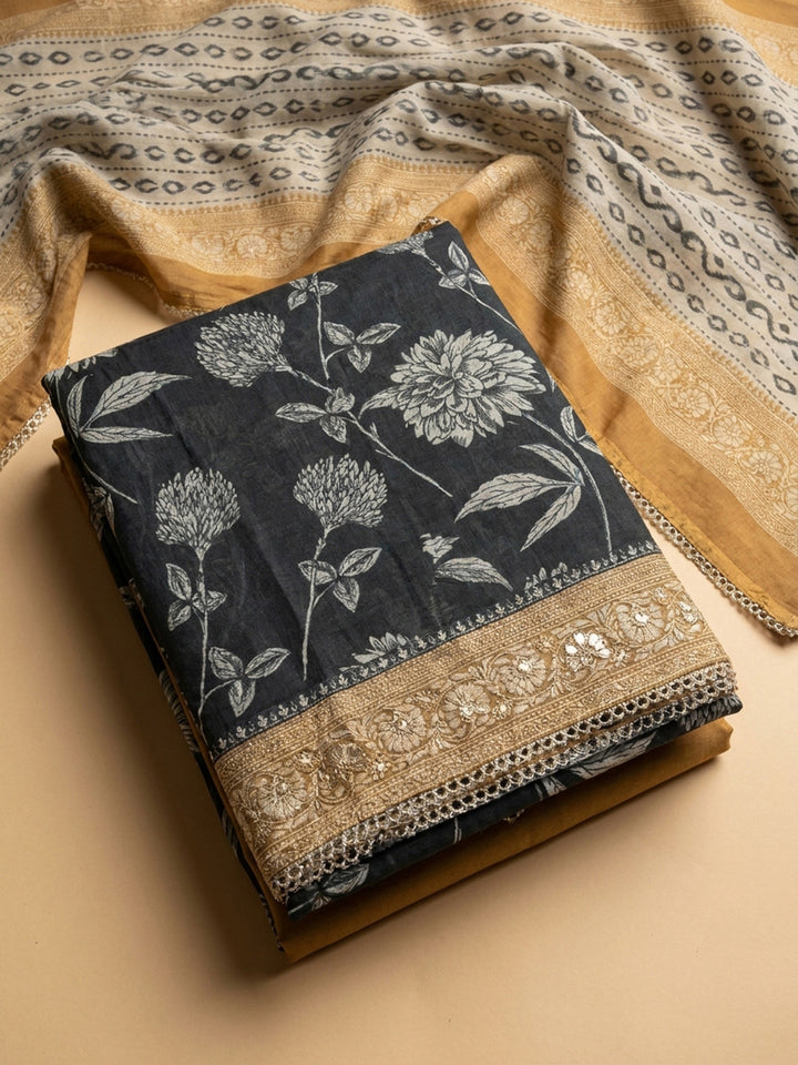 Black-Rust Embroidery Chanderi Unstitched Dress Material