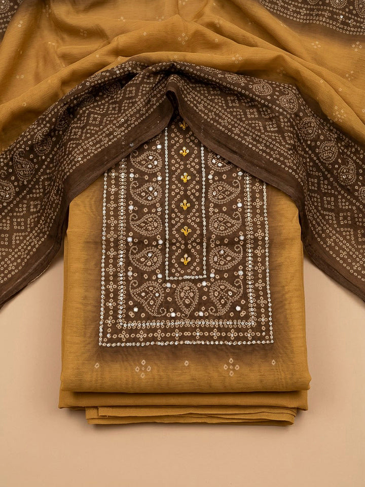 Mustard Chanderi Printed Unstitched Dress Material