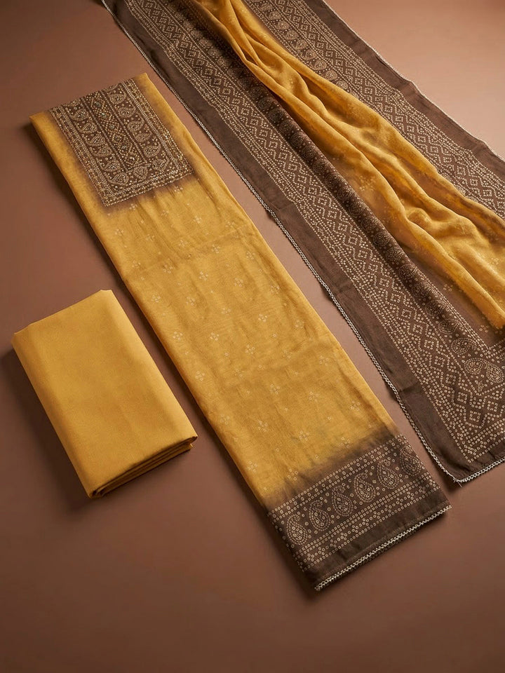 Mustard Chanderi Printed Unstitched Dress Material