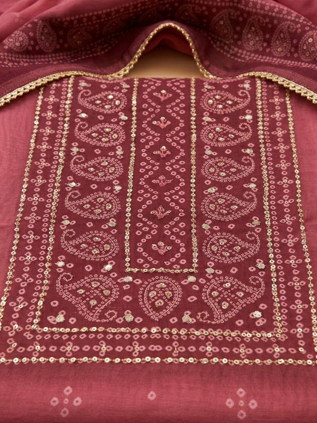 Onion Pink Chanderi Printed Unstitched Dress Material