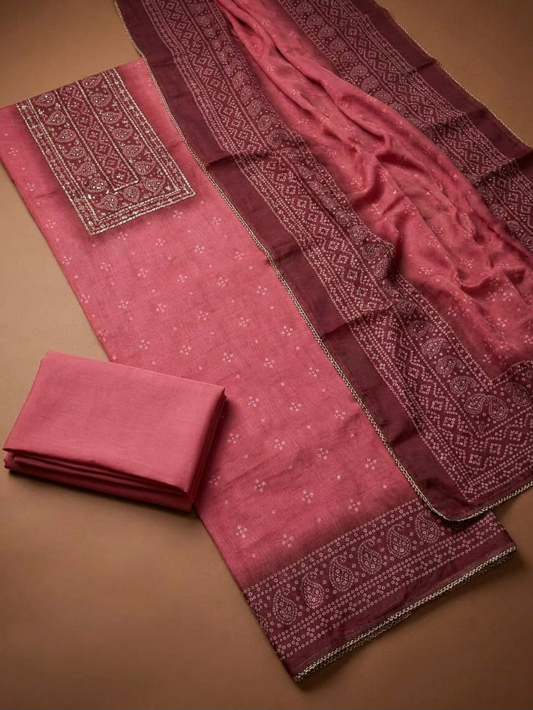 Onion Pink Chanderi Printed Unstitched Dress Material