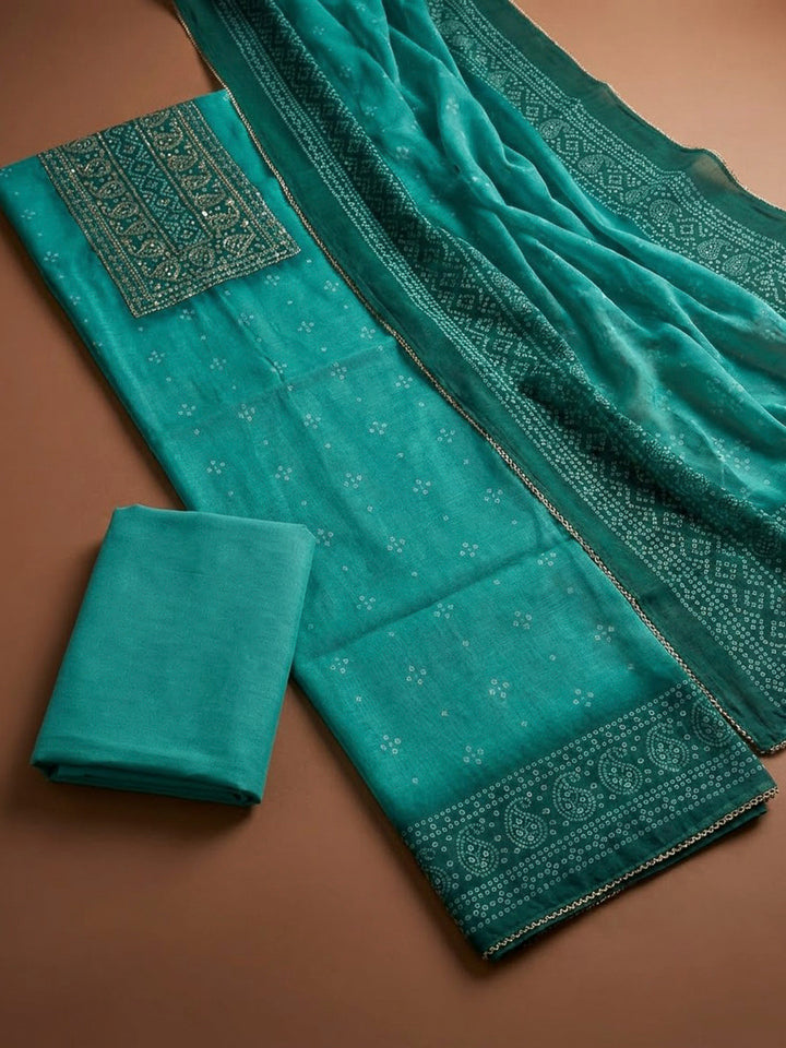 Rama Green Chanderi Printed Unstitched Dress Material
