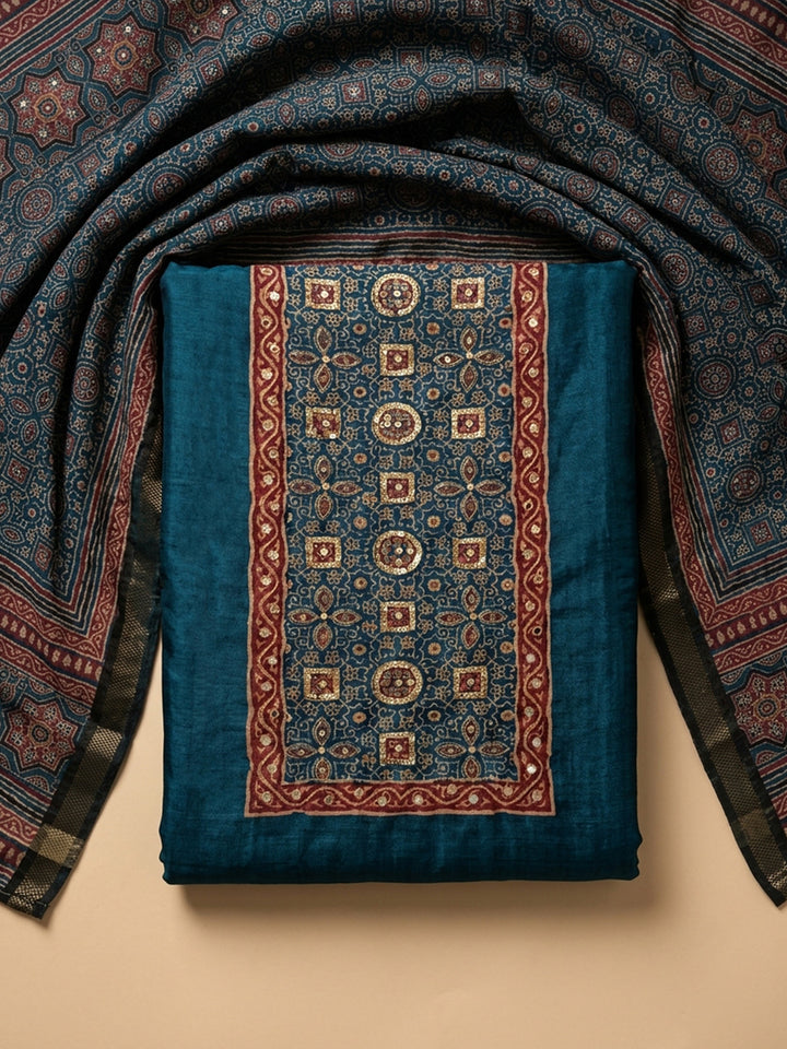 Blue Printed Chanderi Unstitched Suit &amp; Pant With Chanderi Dupatta