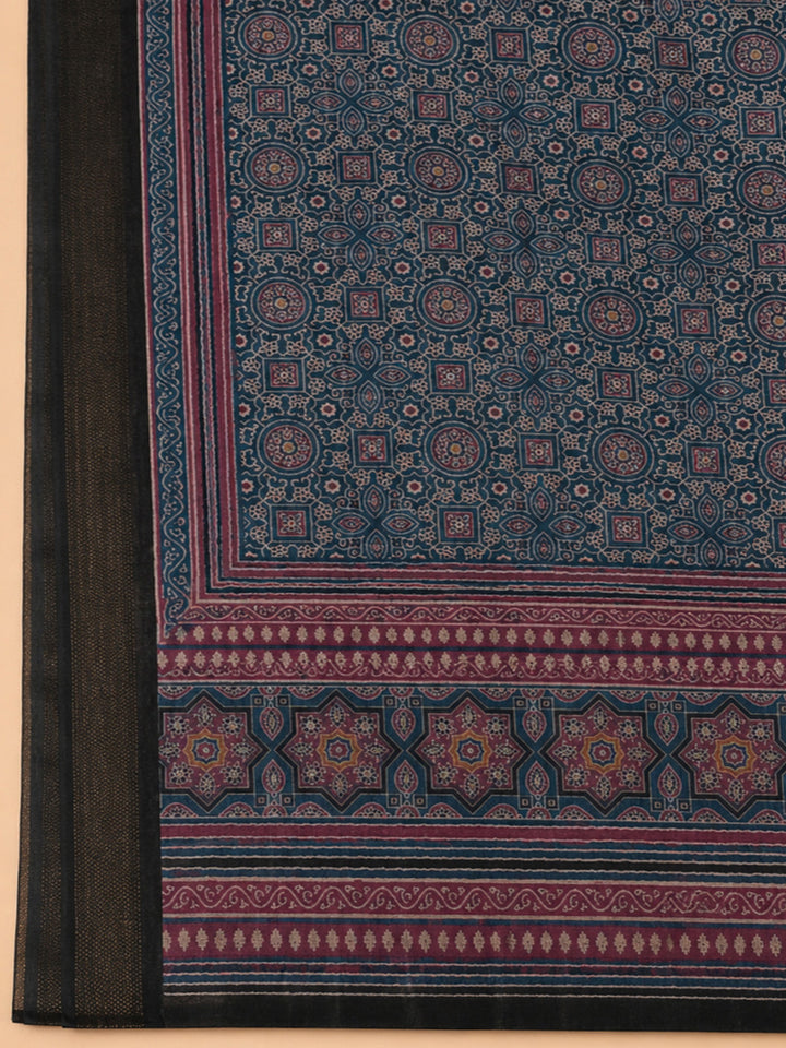 Blue Printed Chanderi Unstitched Suit &amp; Pant With Chanderi Dupatta