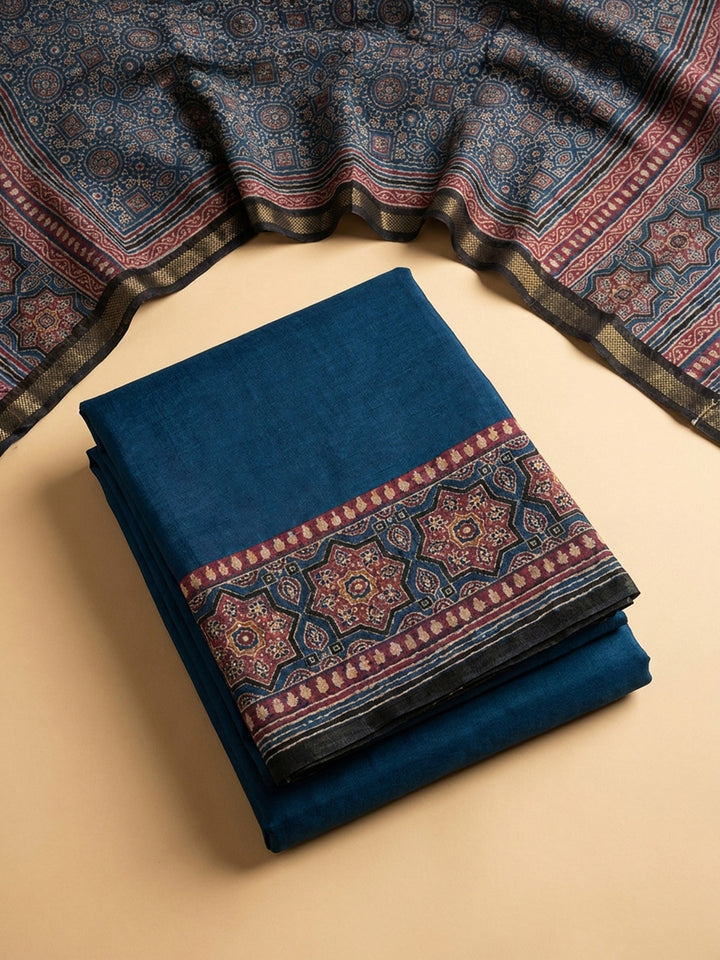 Blue Printed Chanderi Unstitched Suit &amp; Pant With Chanderi Dupatta
