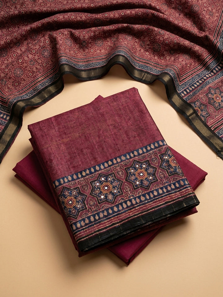 Onion Pink Printed Chanderi Unstitched Suit &amp; Pant With Chanderi Dupatta