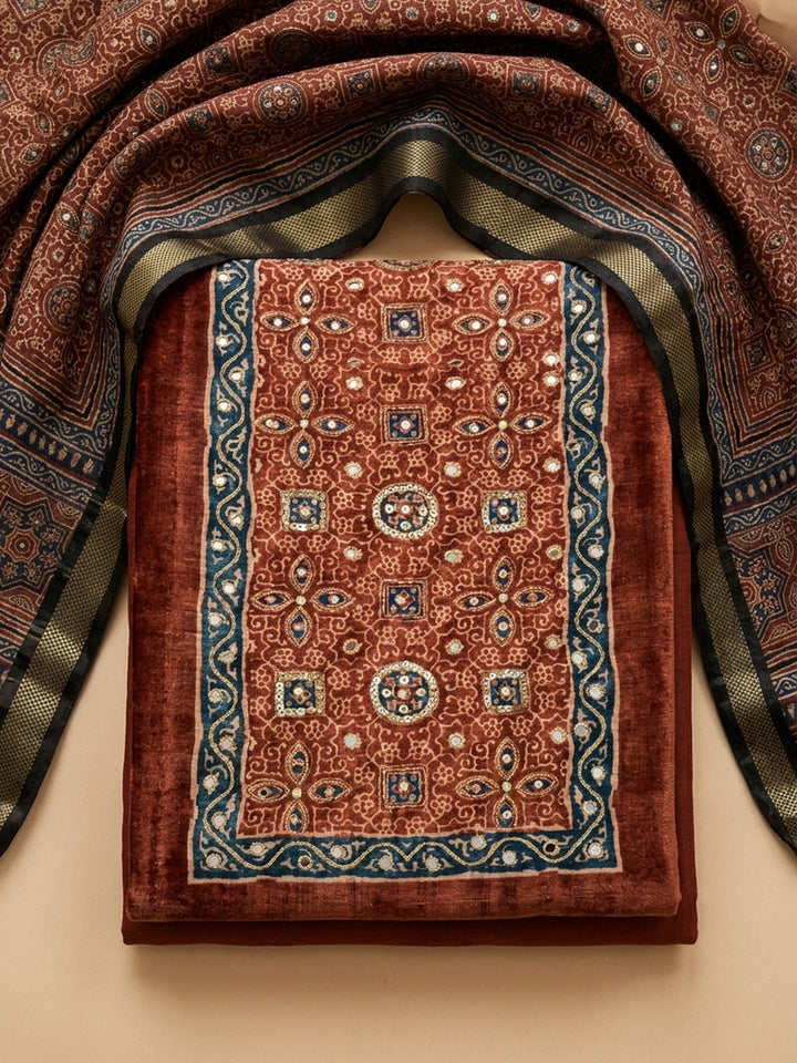 Rust Printed Chanderi Unstitched Suit &amp; Pant With Chanderi Dupatta