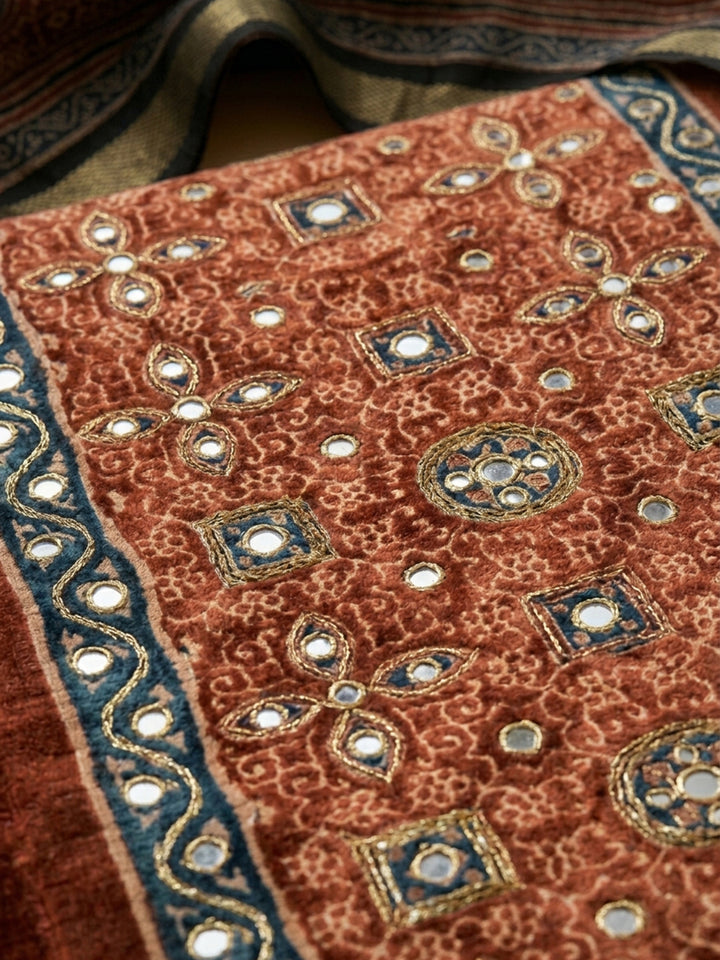 Rust Printed Chanderi Unstitched Suit &amp; Pant With Chanderi Dupatta