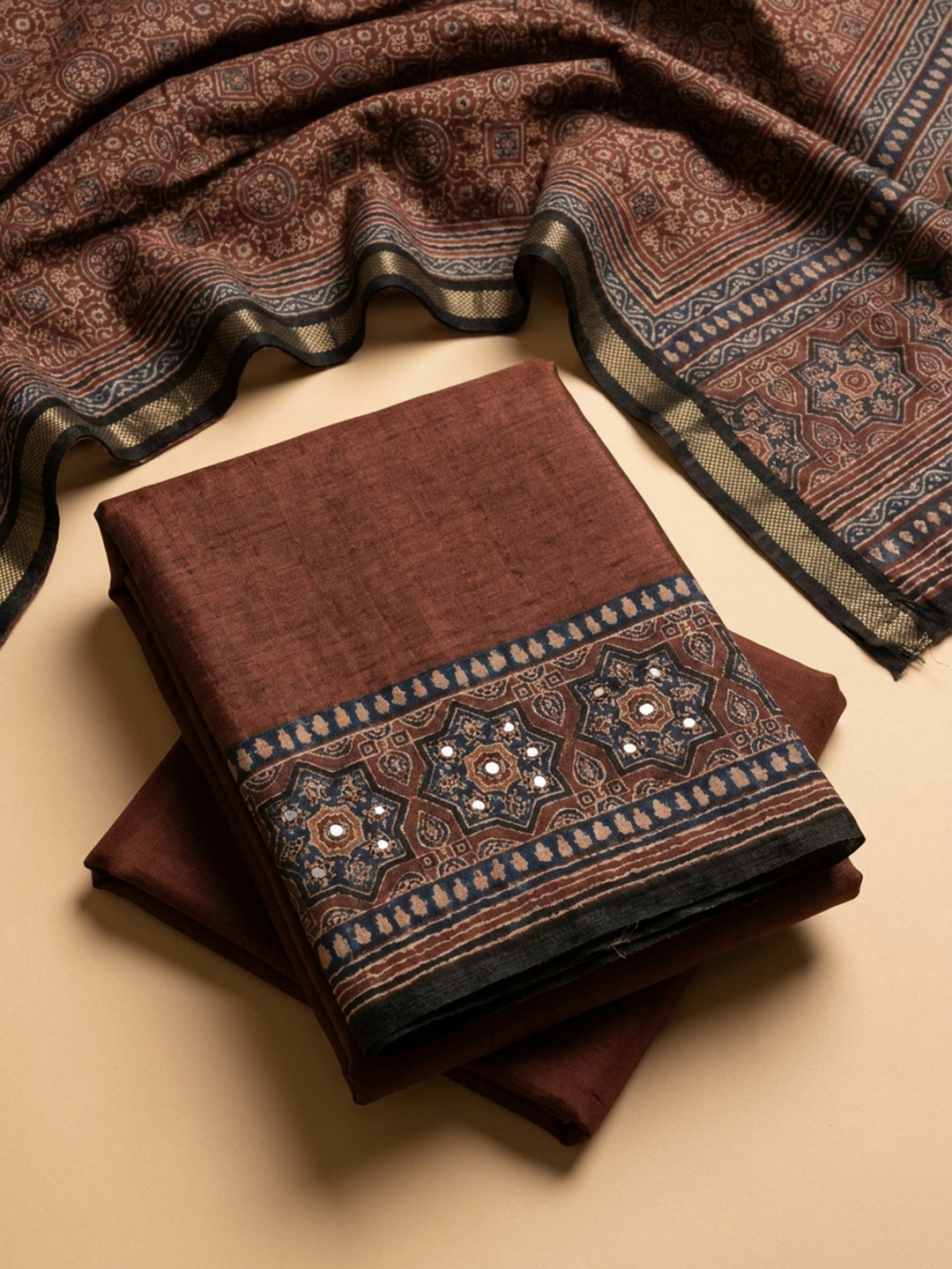 Rust Printed Chanderi Unstitched Suit &amp; Pant With Chanderi Dupatta