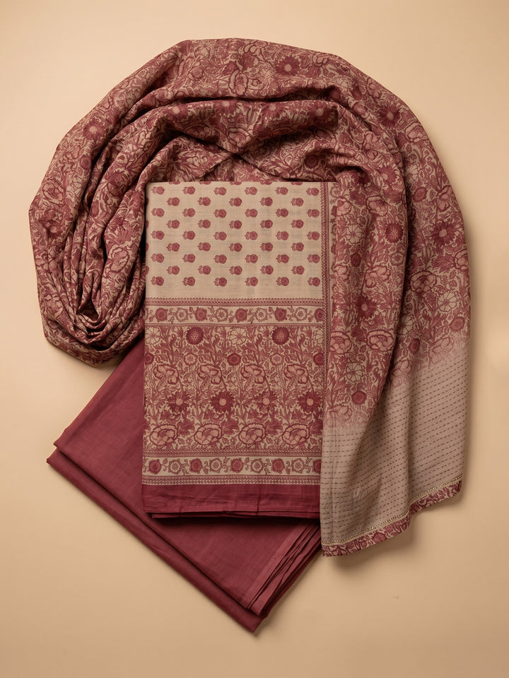 Dusty Pink Printed Chanderi Unstitched Suit &amp; Pant With Chanderi Dupatta