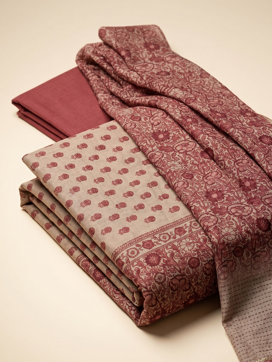 Dusty Pink Printed Chanderi Unstitched Suit &amp; Pant With Chanderi Dupatta