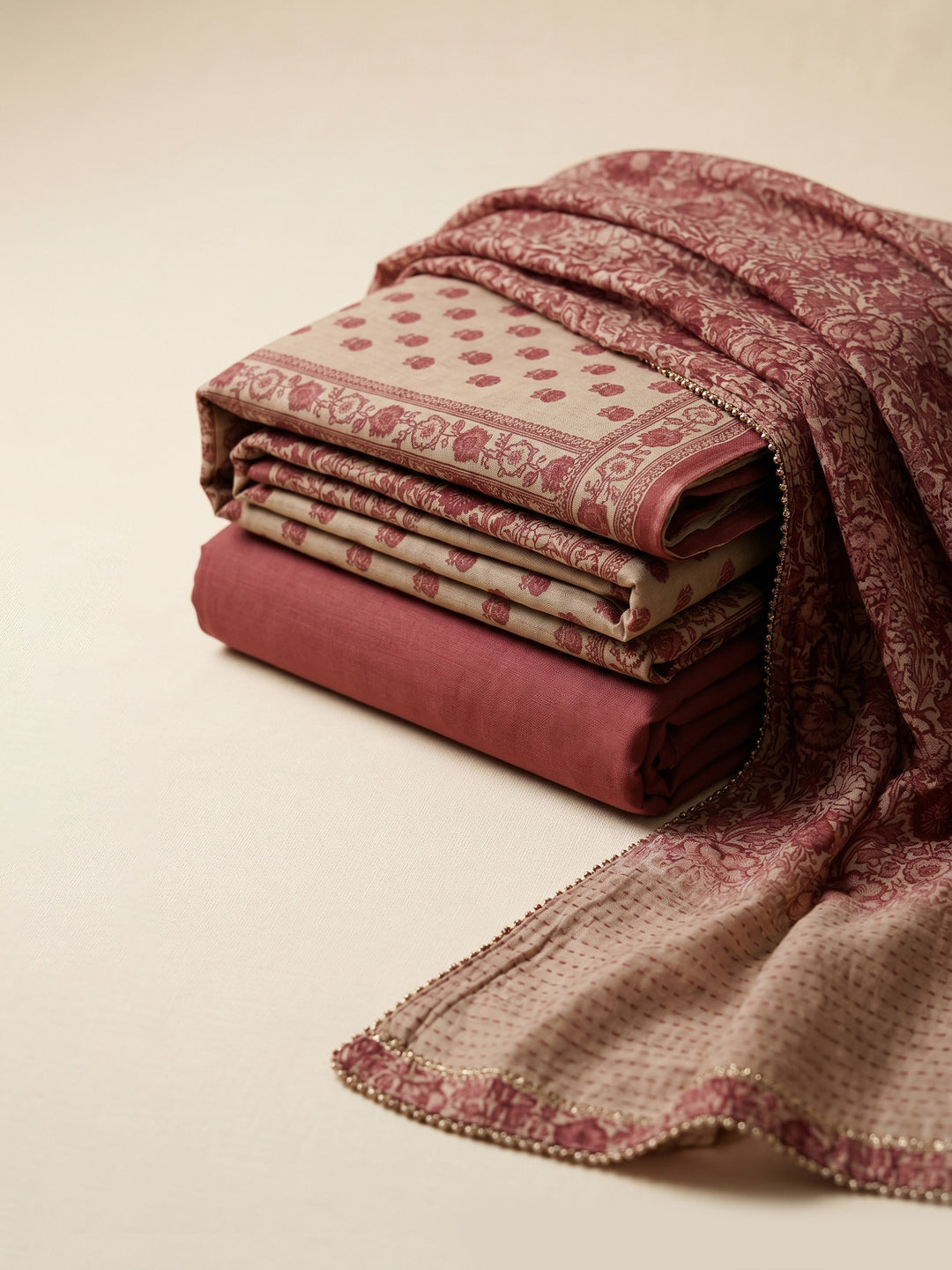 Dusty Pink Printed Chanderi Unstitched Suit &amp; Pant With Chanderi Dupatta
