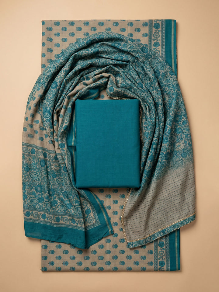 Firozee Printed Chanderi Unstitched Suit &amp; Pant With Chanderi Dupatta