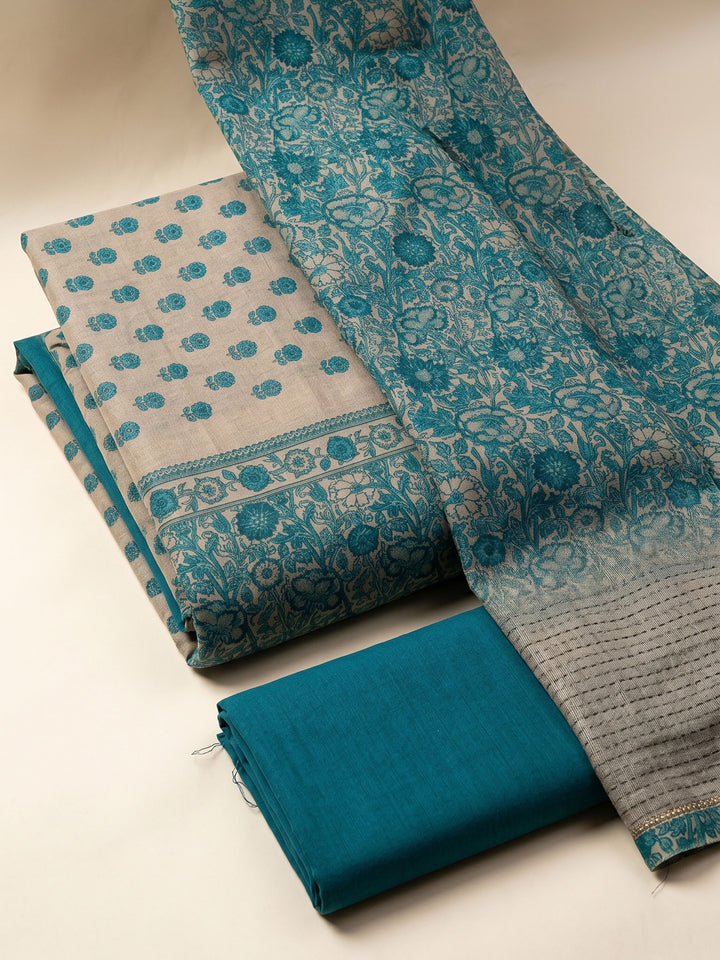 Firozee Printed Chanderi Unstitched Suit &amp; Pant With Chanderi Dupatta