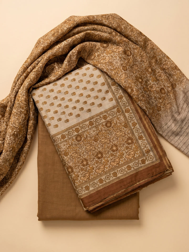 Mustard Printed Chanderi Unstitched Suit &amp; Pant With Chanderi Dupatta