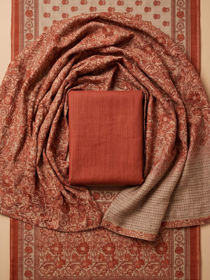 Rust Printed Chanderi Unstitched Suit &amp; Pant With Chanderi Dupatta