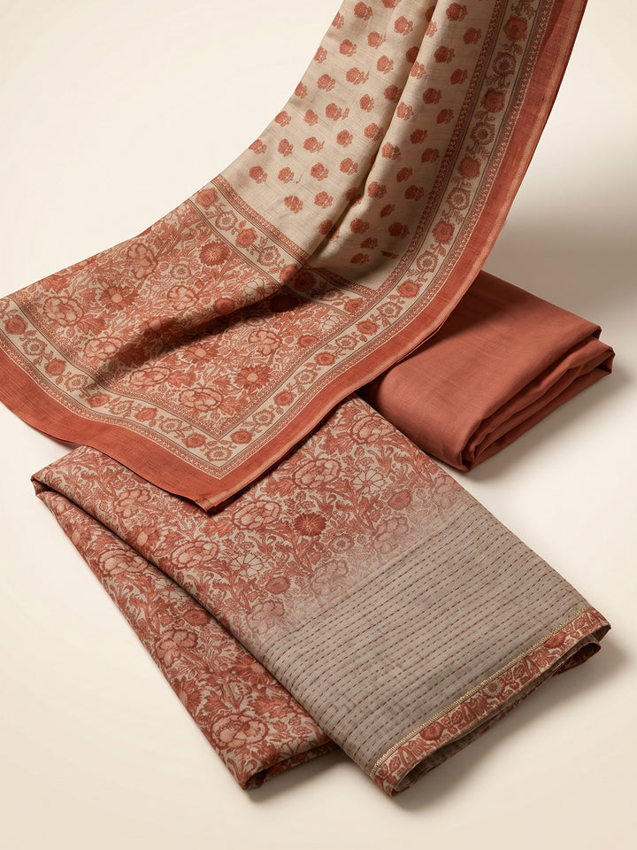 Rust Printed Chanderi Unstitched Suit &amp; Pant With Chanderi Dupatta