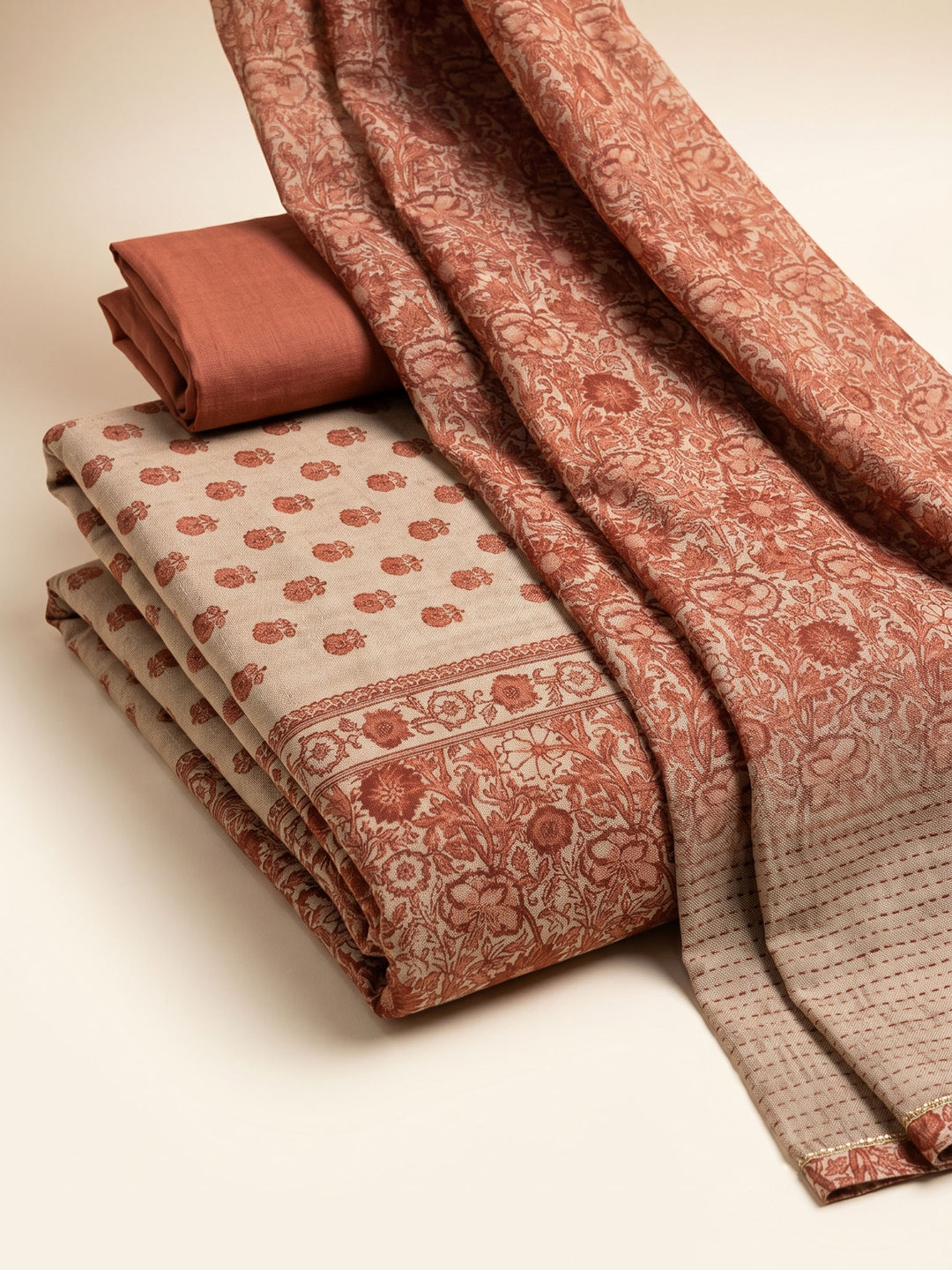 Rust Printed Chanderi Unstitched Suit &amp; Pant With Chanderi Dupatta