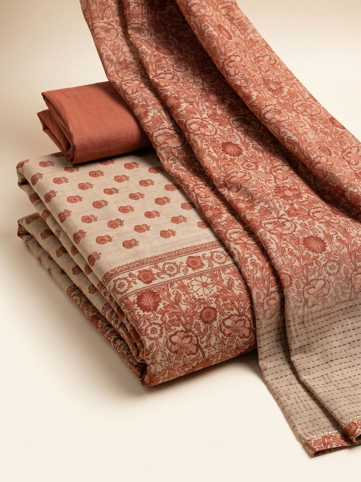 Rust Printed Chanderi Unstitched Suit &amp; Pant With Chanderi Dupatta