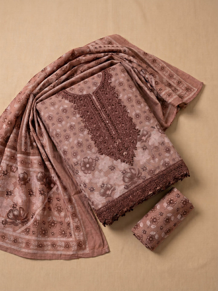 Maroon Printed Cotton Blend Unstitched Suit &amp; Pant With Cotton Dupatta