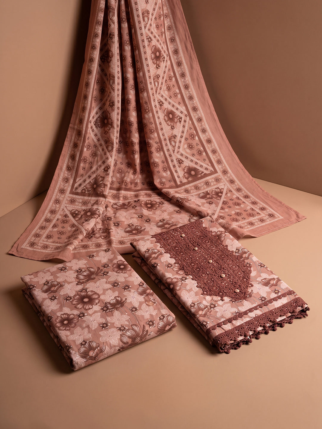 Maroon Printed Cotton Blend Unstitched Suit &amp; Pant With Cotton Dupatta