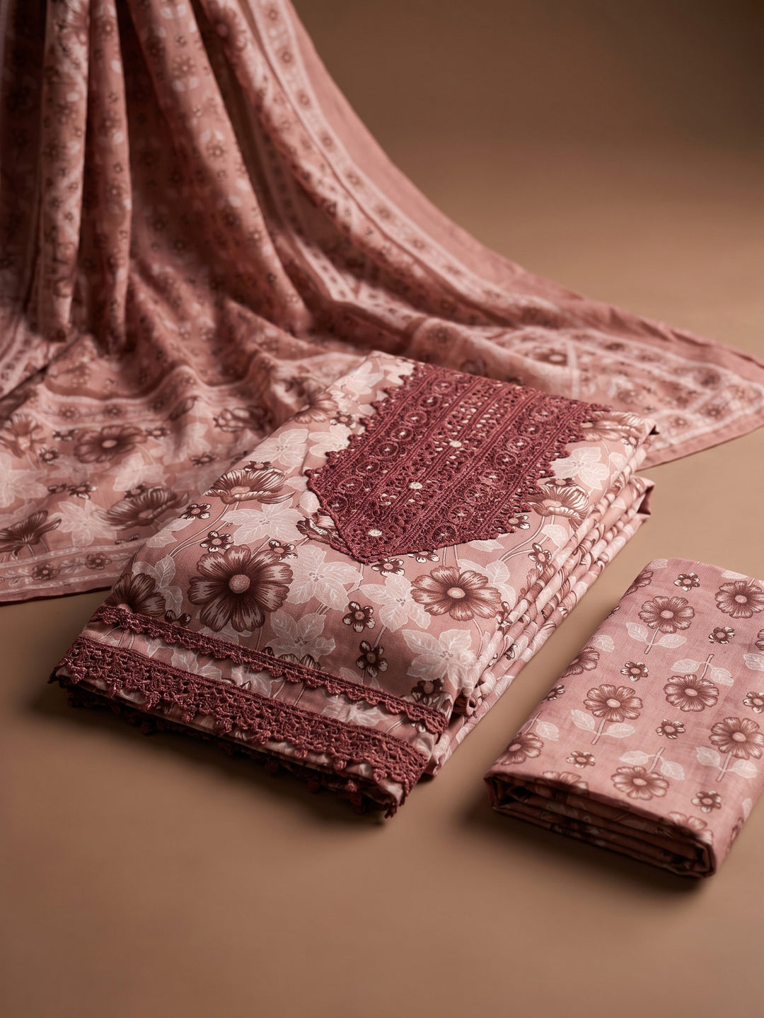 Maroon Printed Cotton Blend Unstitched Suit &amp; Pant With Cotton Dupatta