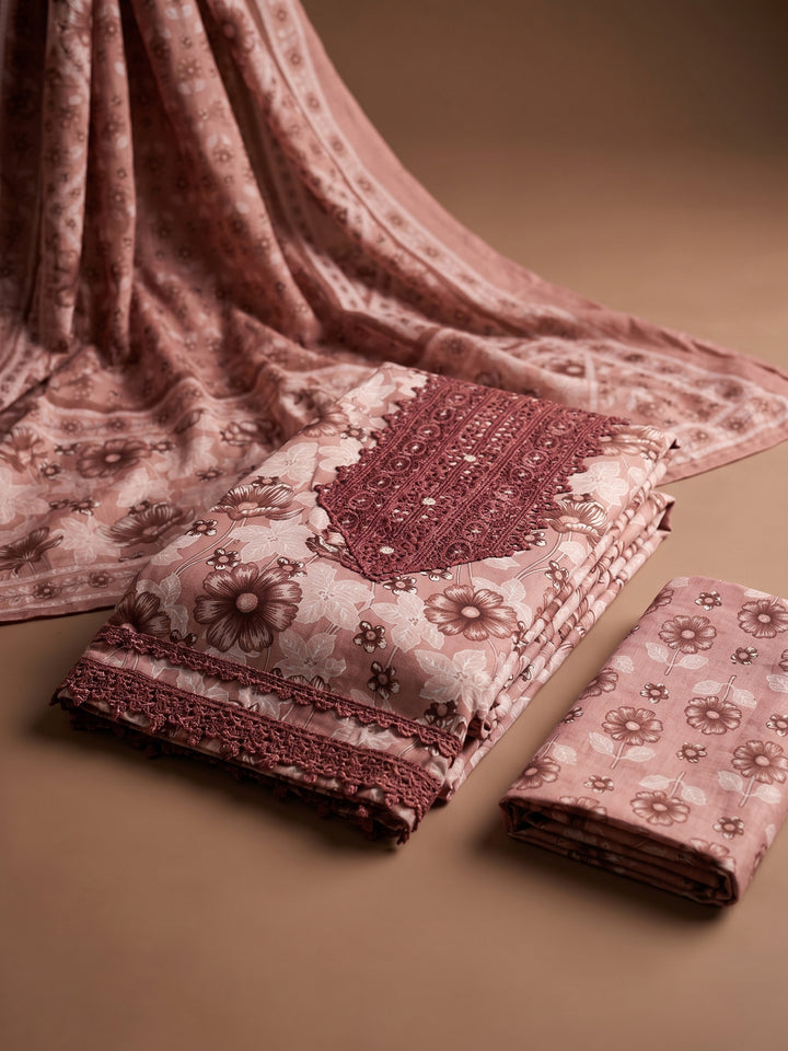 Maroon Printed Cotton Blend Unstitched Suit &amp; Pant With Cotton Dupatta