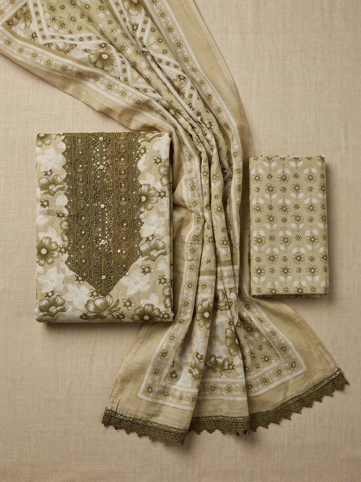 Mehndi Printed Cotton Blend Unstitched Suit &amp; Pant With Cotton Dupatta