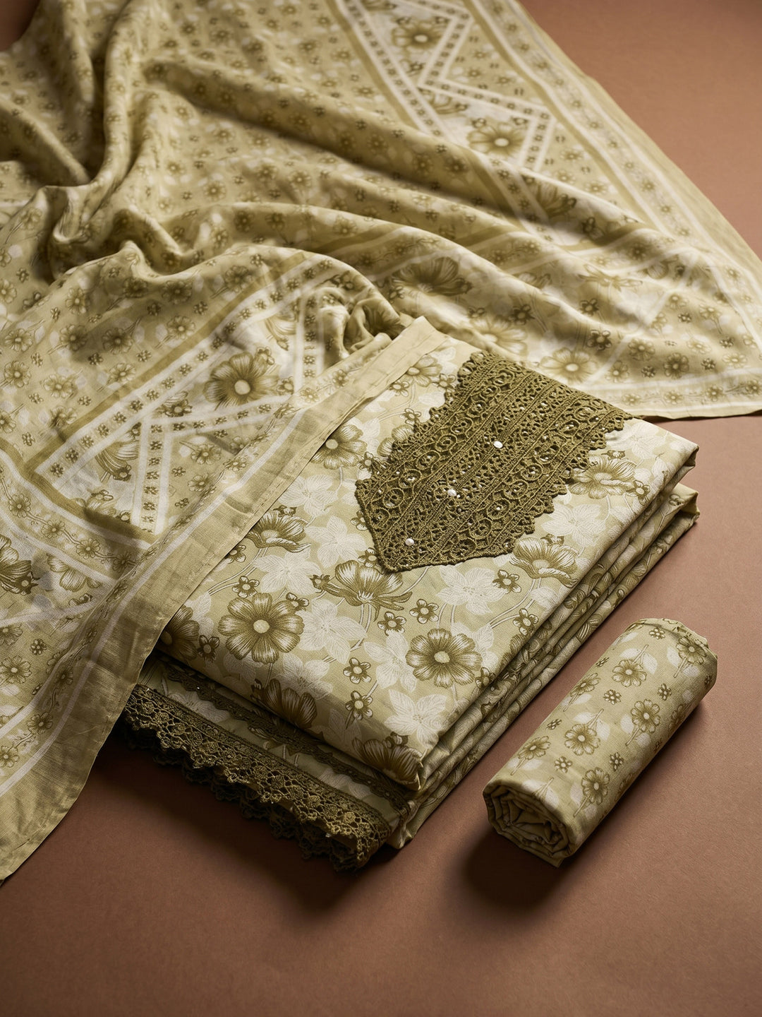Mehndi Printed Cotton Blend Unstitched Suit &amp; Pant With Cotton Dupatta