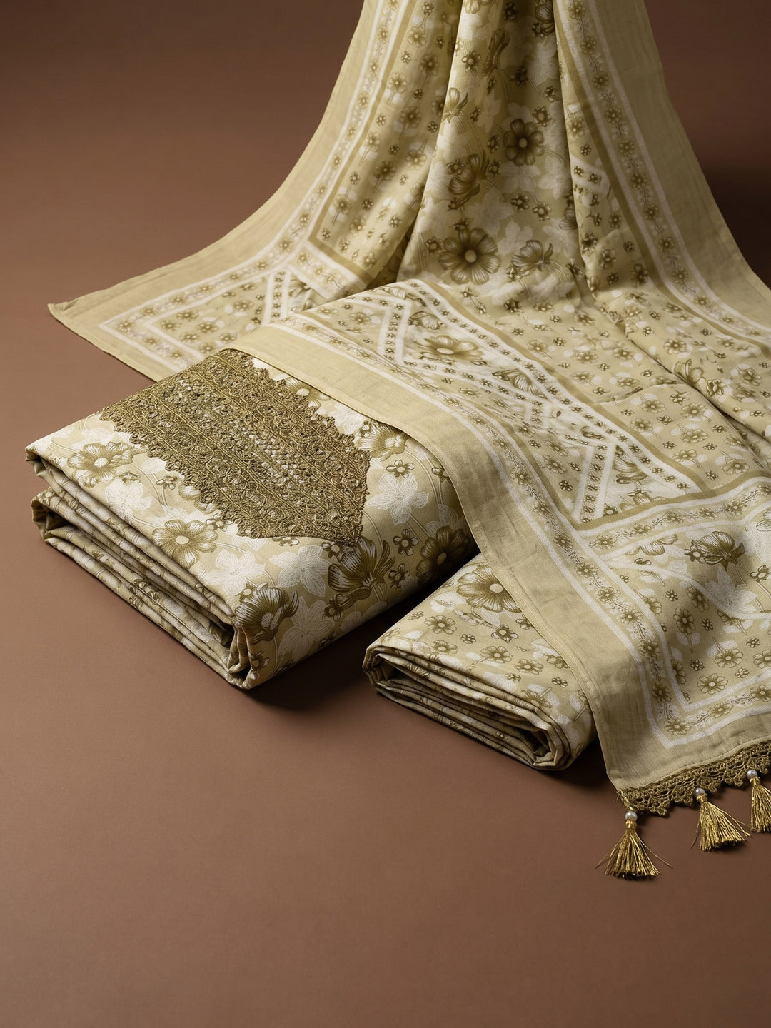 Mehndi Printed Cotton Blend Unstitched Suit &amp; Pant With Cotton Dupatta