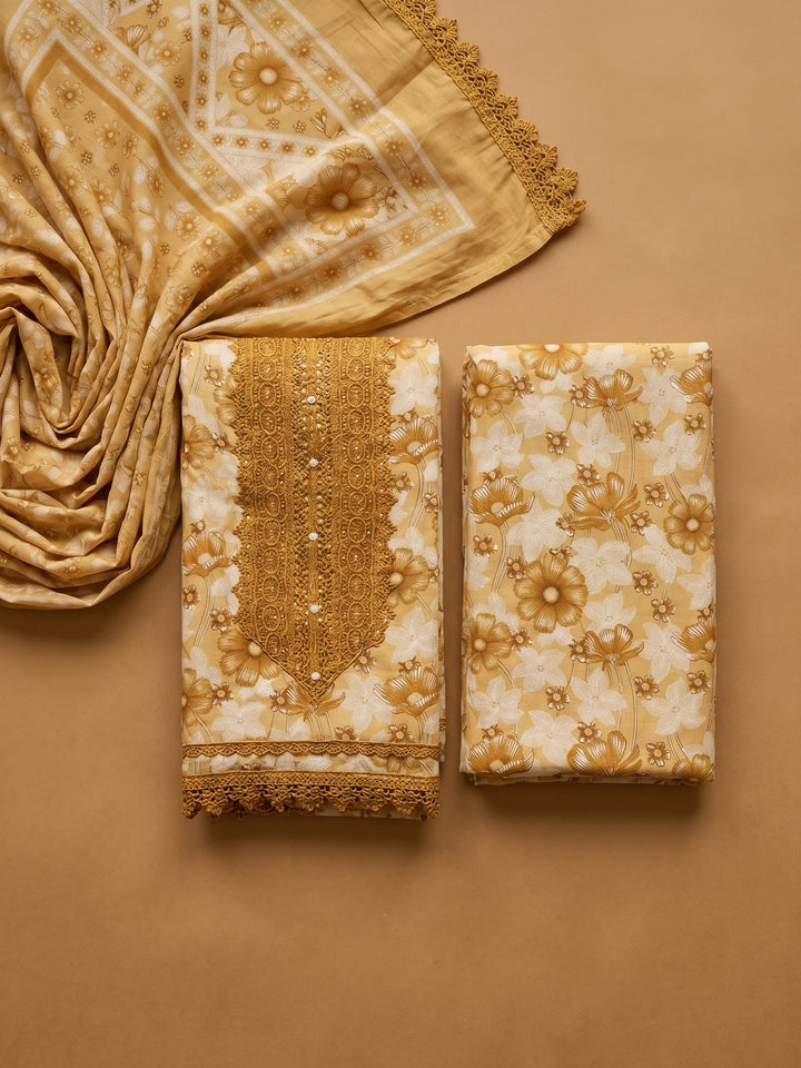 Mustard Printed Cotton Blend Unstitched Suit &amp; Pant With Cotton Dupatta