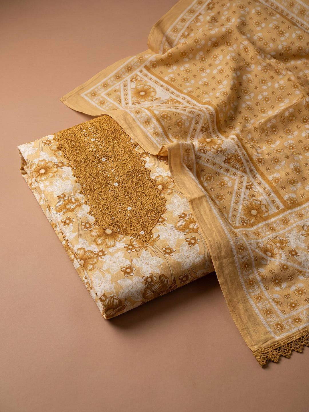 Mustard Printed Cotton Blend Unstitched Suit &amp; Pant With Cotton Dupatta