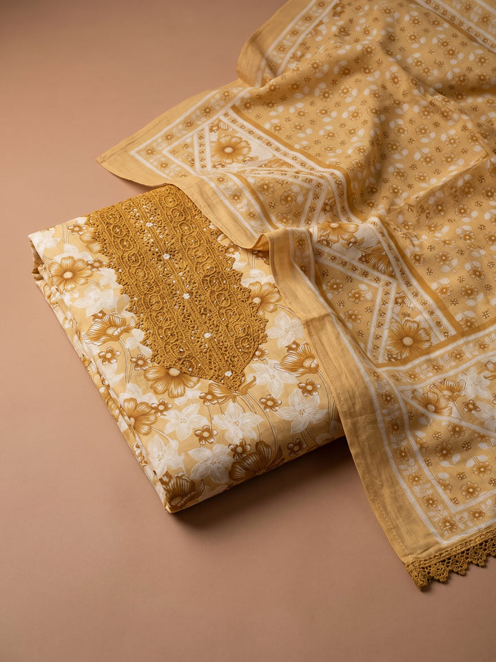 Mustard Printed Cotton Blend Unstitched Suit &amp; Pant With Cotton Dupatta