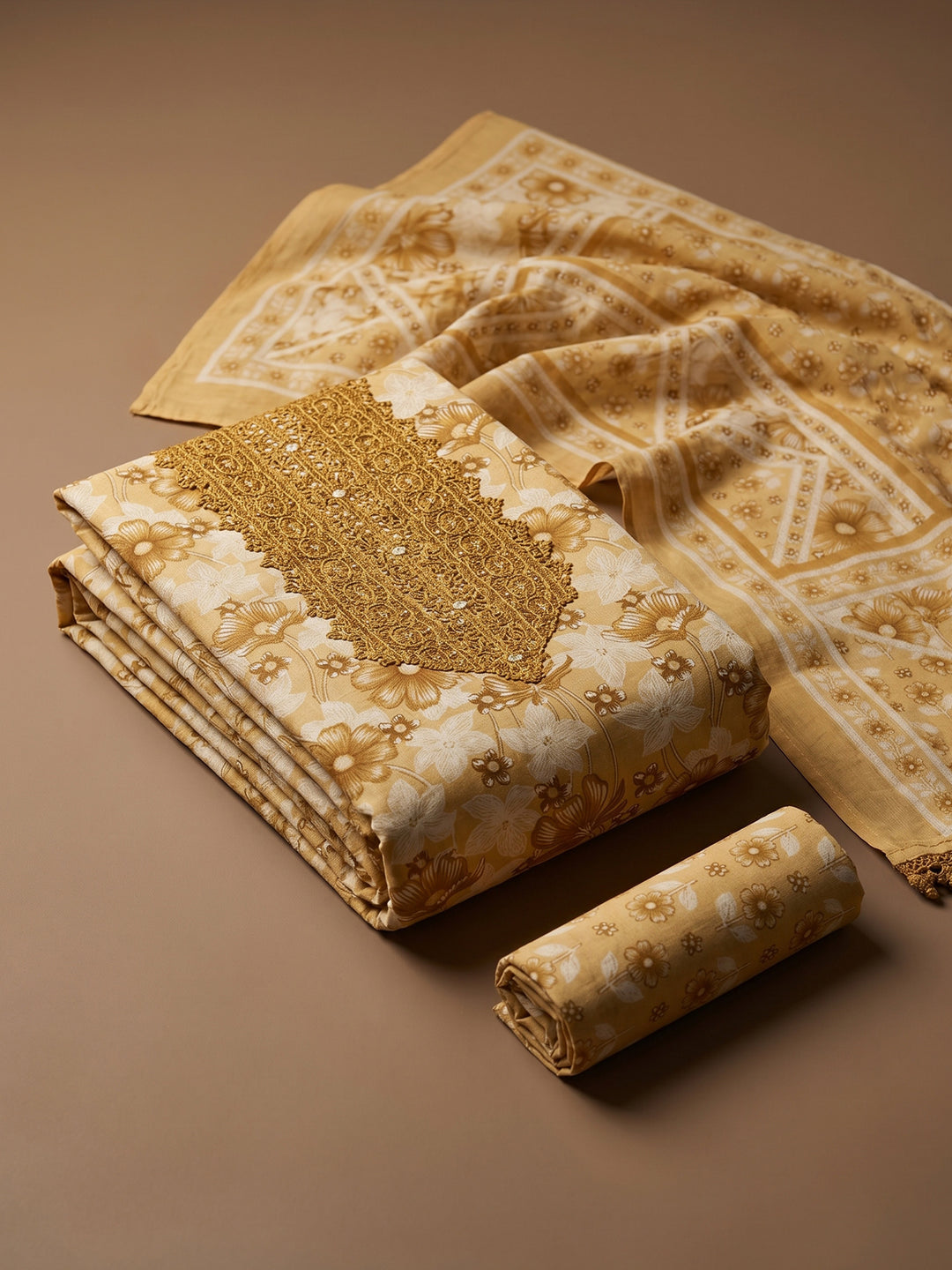 Mustard Printed Cotton Blend Unstitched Suit &amp; Pant With Cotton Dupatta