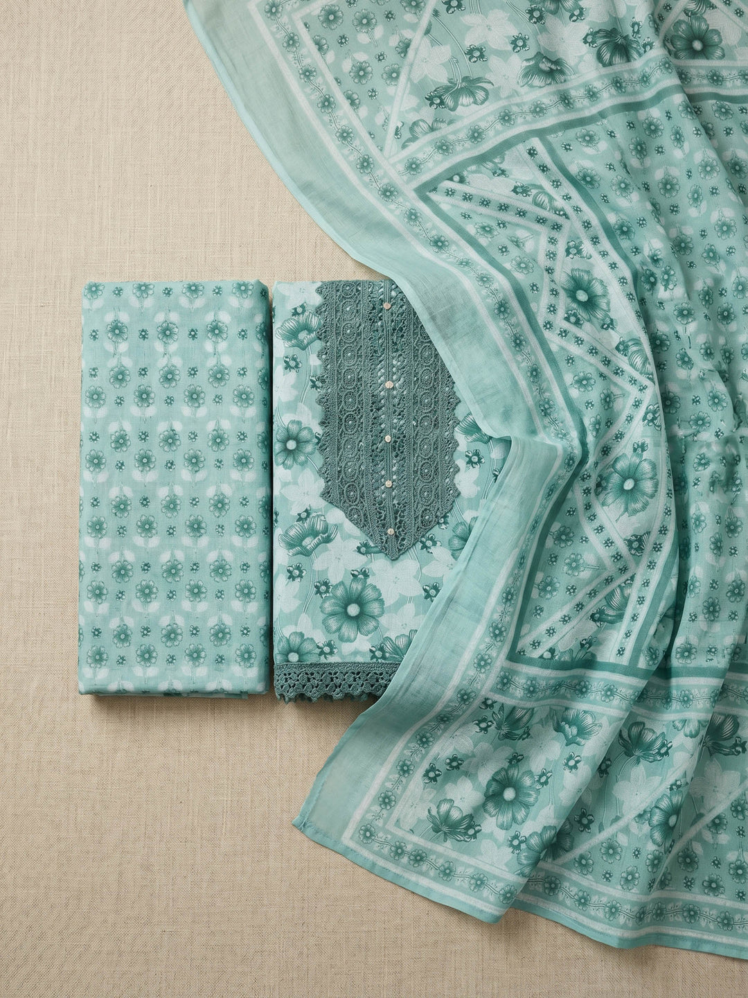 Rama Green Printed Cotton Blend Unstitched Suit &amp; Pant With Cotton Dupatta