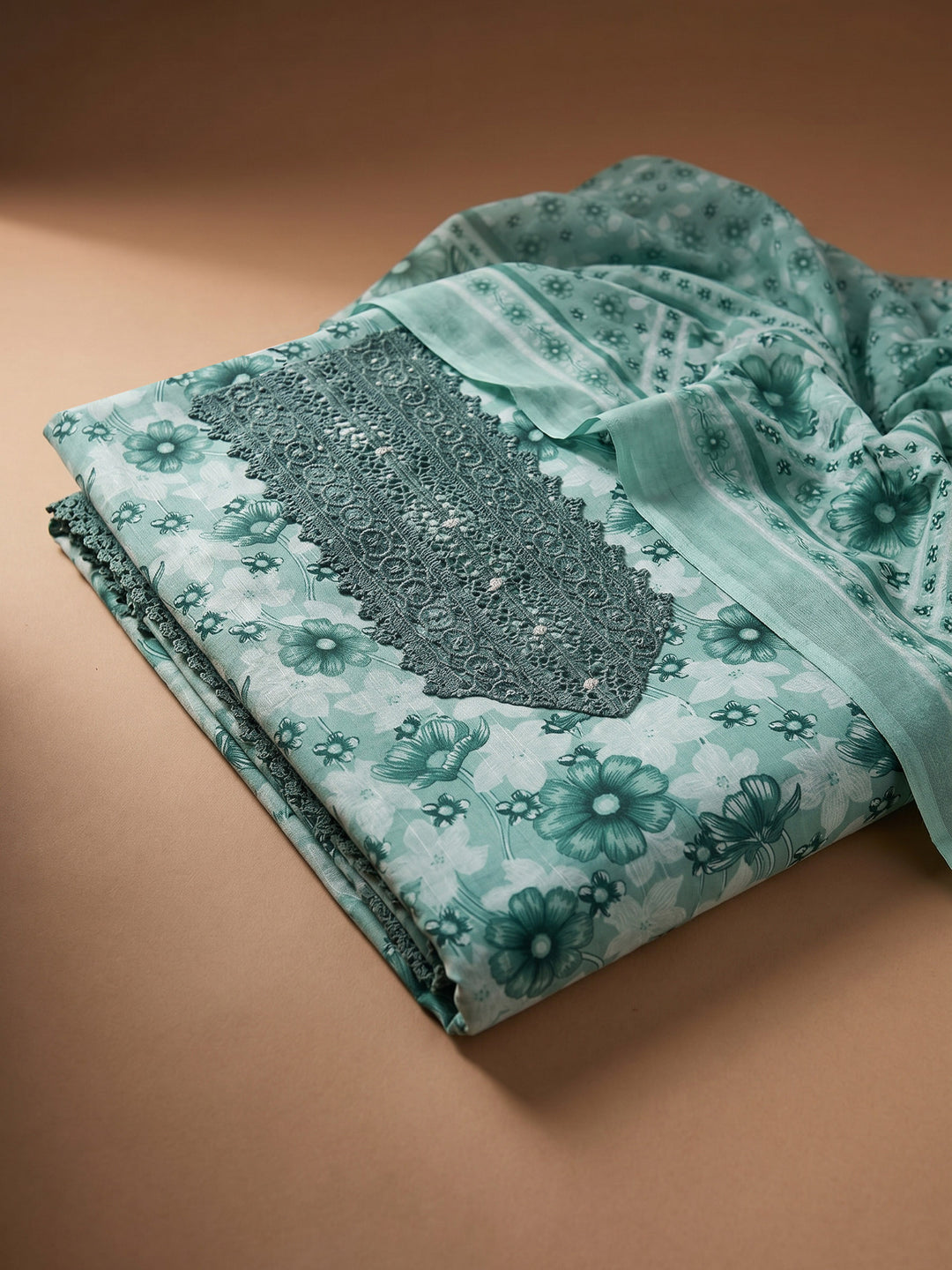 Rama Green Printed Cotton Blend Unstitched Suit &amp; Pant With Cotton Dupatta