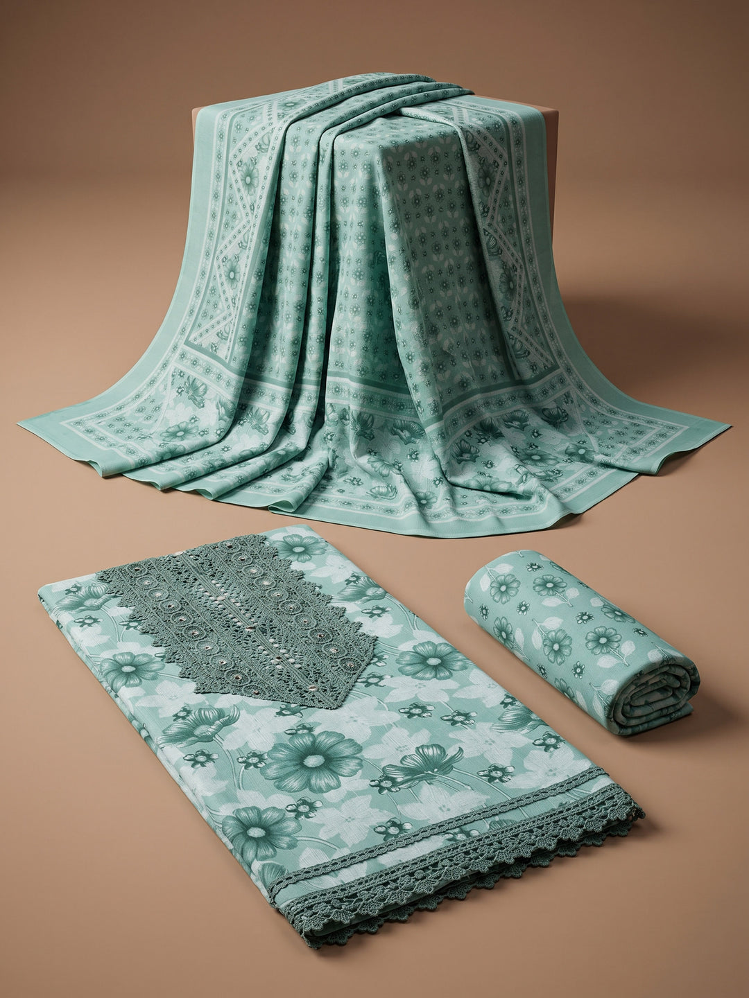 Rama Green Printed Cotton Blend Unstitched Suit &amp; Pant With Cotton Dupatta
