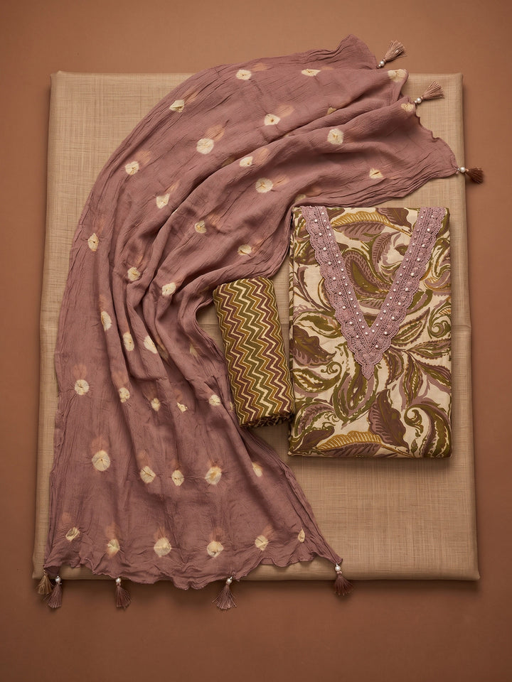 Brown Printed Cotton Blend Unstitched Suit &amp; Pant With Cotton Dupatta