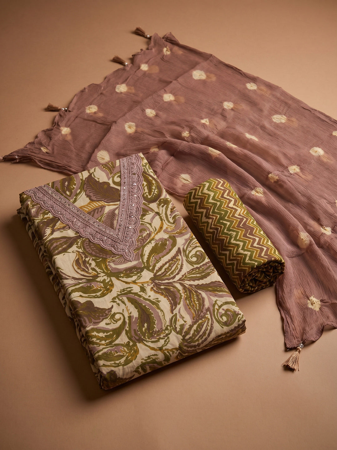 Brown Printed Cotton Blend Unstitched Suit &amp; Pant With Cotton Dupatta